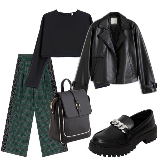 Outfit donna - A spasso per la città. Stile Trendy per Tutti i giorni. Abbinamento con trench, mocassini, pantaloni, maglieria, zaini.