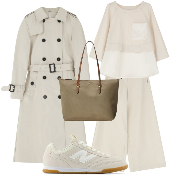 Outfit donna - Primavera con Imperial. Stile Casual per Ufficio. Abbinamento con sneakers, felpe, pantaloni a palazzo, trench, borse tote.