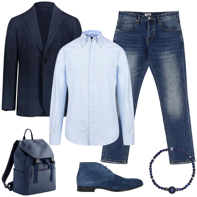 Outfit uomo - Scamosciato blu. Abbinamento con stivali e stivaletti, braccialetti, jeans dritti, giacche, camicie, borse sportive.