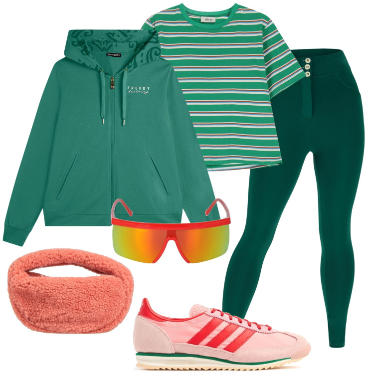 Outfit donna - Sporty in verde. Stile Sporty chic per Tutti i giorni. Abbinamento con borse a mano, pantaloni skinny, felpe con cappuccio, t-shirt, sneakers, occhiali da sole.