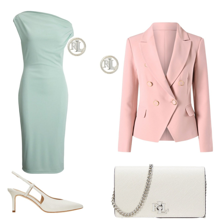 Outfit donna - Toni Pastello delicati. Stile Bon Ton per Ufficio. Abbinamento con blazer, orecchini, décolleté, vestiti a tubino, borse a tracolla.