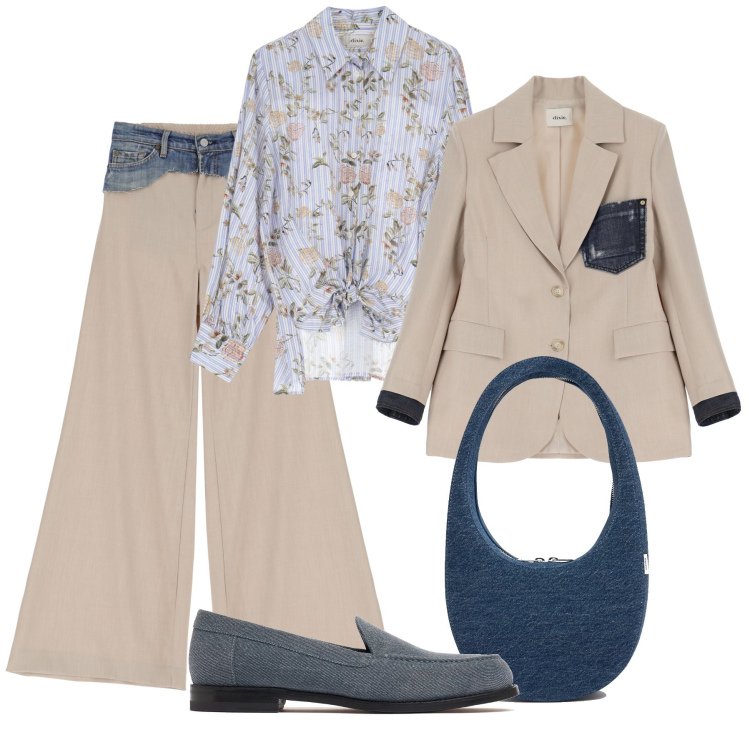 Outfit donna - Dettagli denim in ufficio. Stile Glamour per Ufficio. Abbinamento con camicie, blazer, pantaloni, borse a spalla, mocassini.