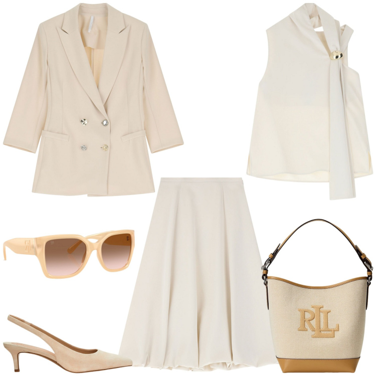 Outfit donna - Imperial -Take Off. Stile Chic per Ufficio. Abbinamento con gonne longuette, blazer, top, décolleté, occhiali da sole, borse a secchiello.