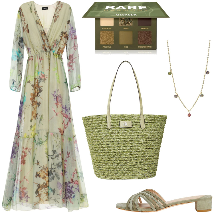 Outfit donna - Sheer Elegance. Stile Boho per Tutti i giorni. Abbinamento con ombretti, ciondoli, borse tote, sandali in pelle, vestiti lunghi.