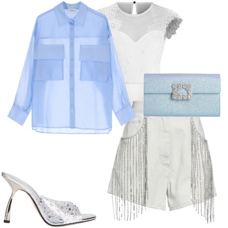 Outfit donna - Sheer elegance. Stile Chic per Serata fuori. Abbinamento con shorts, borse a mano, sandali col tacco, body, camicie.