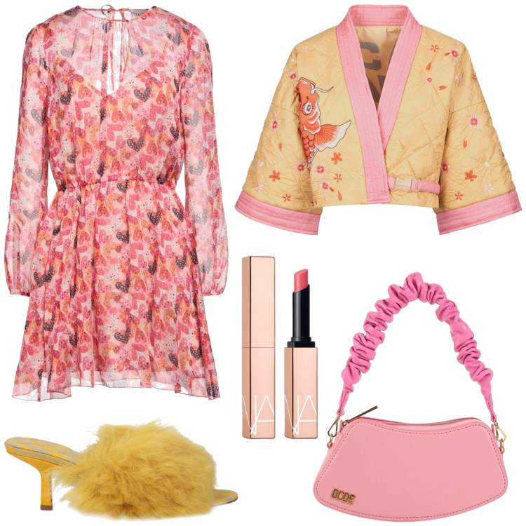Outfit donna - Sheer Elegance - Trasparenze con stile. Stile Glamour per Serata fuori. Abbinamento con borse a mano, vestiti corti, sandali in pelle, rossetti, kimono.