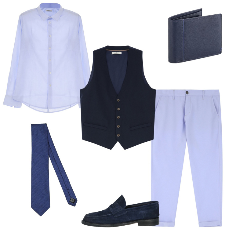 Outfit uomo - Colori pastello a primavera. Stile Business/Elegante per Ufficio. Abbinamento con scarpe stringate, cravatte, gilet, pantaloni chino, camicie, portafogli.