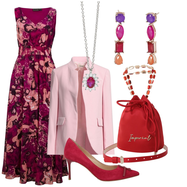 Outfit donna - Total look #2083815. Stile Chic per Cerimonia. Abbinamento con vestiti lunghi, blazer, décolleté, orecchini, collane, borse a secchiello.