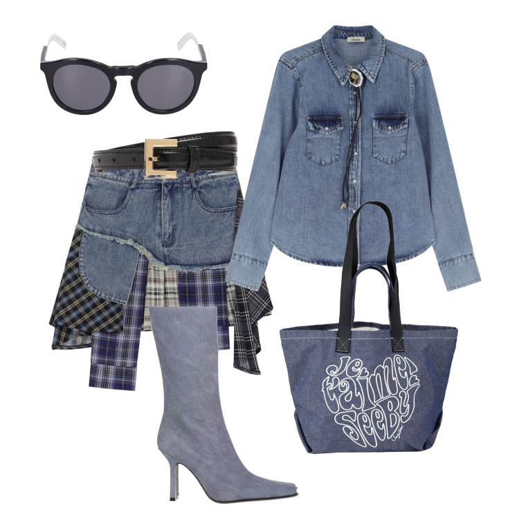 Outfit donna - Denim estroso urbano. Stile Trendy per Tutti i giorni. Abbinamento con stivali, borse a mano, camicie, minigonne, occhiali da sole, cinture.