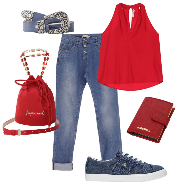 Outfit donna - Nuova collezione Please. Stile Sporty chic per Tutti i giorni. Abbinamento con portafogli, borse a secchiello, jeans slim fit, top, cinture, sneakers.