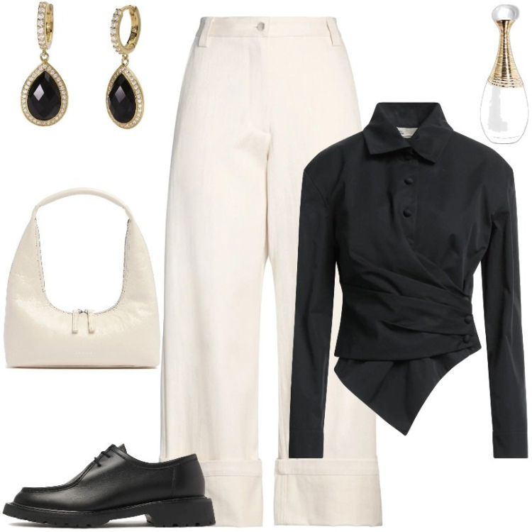 Outfit donna - Total look #2083842. Stile Minimal per Tutti i giorni. Abbinamento con camicie, pantaloni, profumi, orecchini, scarpe stringate, borse a spalla.