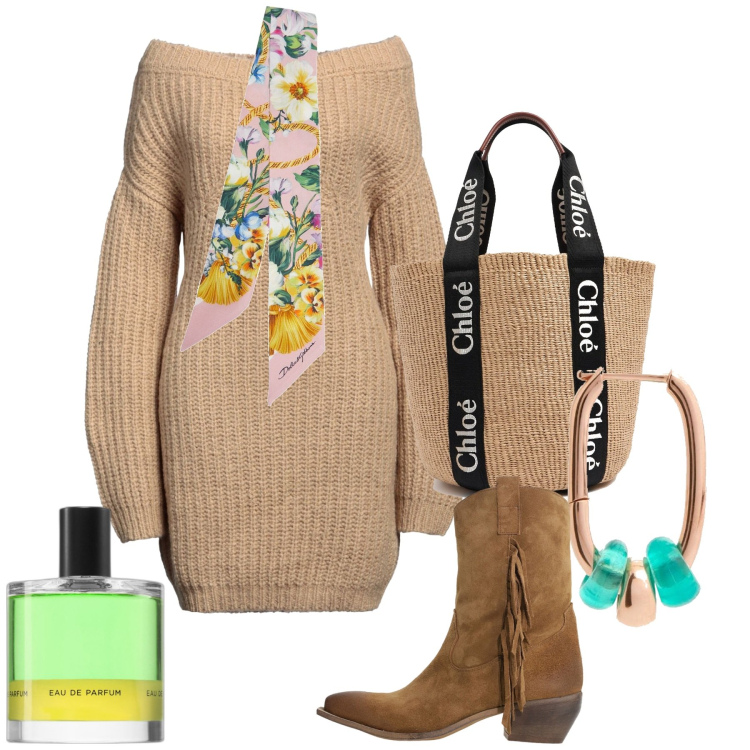 Outfit donna - Marzo fiorito. Stile Chic per Tutti i giorni. Abbinamento con vestiti corti, profumi, stivali, shopping bag, orecchini, foulard.