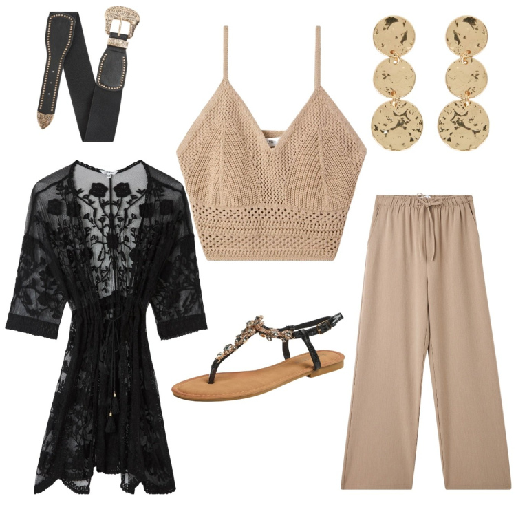Outfit donna - Sabia e nero. Stile Boho per Tutti i giorni. Abbinamento con top, kimono, pantaloni, sandali gioiello, cinture, orecchini.