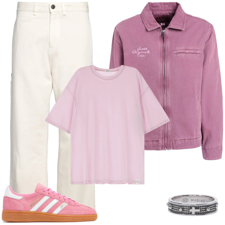 Outfit uomo - Ispirazione rosa. Stile Casual per Tutti i giorni. Abbinamento con jeans dritti, giacche, anelli, t-shirt, sneakers.