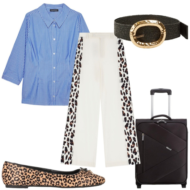 Outfit donna - Total look #2083862. Stile Trendy per Tutti i giorni. Abbinamento con ballerine, cinture, pantaloni a palazzo, valigie, camicie.
