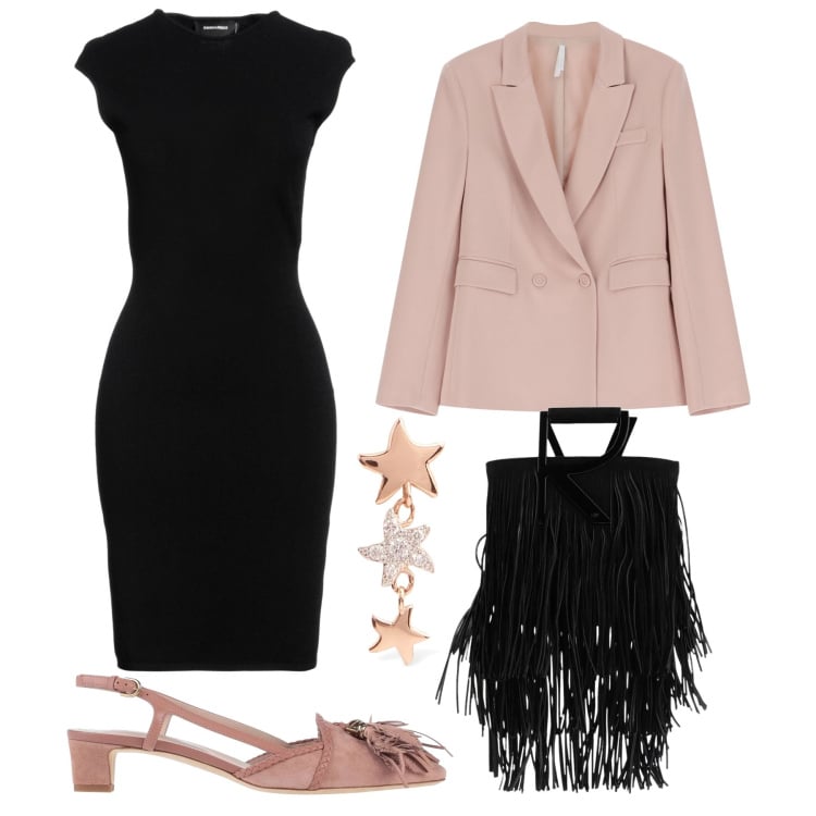 Outfit donna - Rosa e nero. Stile Chic per Serata fuori. look ideale per Petite. Abbinamento con décolleté, vestiti corti, borse a mano, blazer, orecchini.