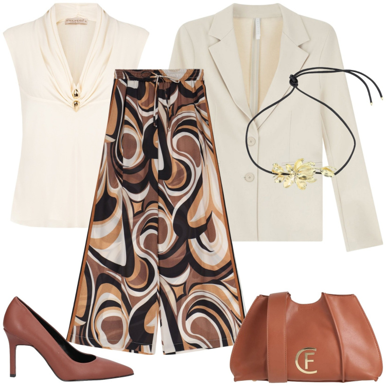 Outfit donna - Eleganza dai tessuti morbidi. Stile Casual chic Abbinamento con borse a tracolla, décolleté, bluse, pantaloni, blazer, collane.