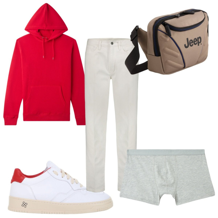 Outfit uomo - Total look #2083876. Stile Trendy per Tutti i giorni. Abbinamento con felpe con cappuccio, boxer, sneakers, pantaloni, borse sportive.