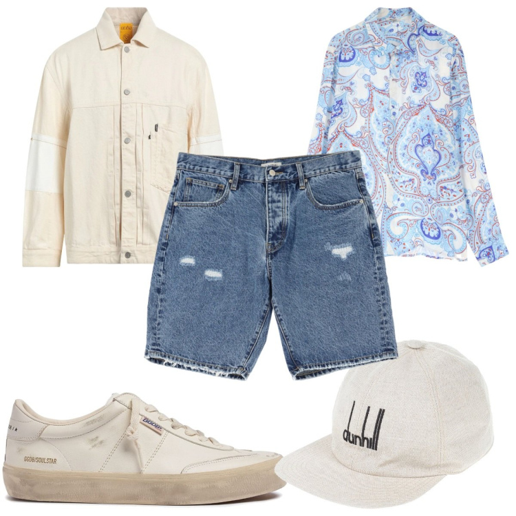 Outfit uomo - Total look #2083879. Stile Trendy per Tutti i giorni. Abbinamento con cappelli con visiera, giacche, camicie, bermuda, sneakers.