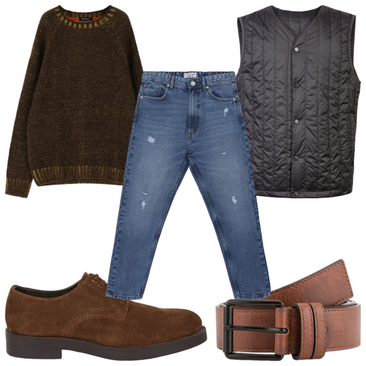 Outfit uomo - Total look #2083883. Stile Casual per Tutti i giorni. Abbinamento con jeans strappati, maglieria, piumini, scarpe stringate, cinture.