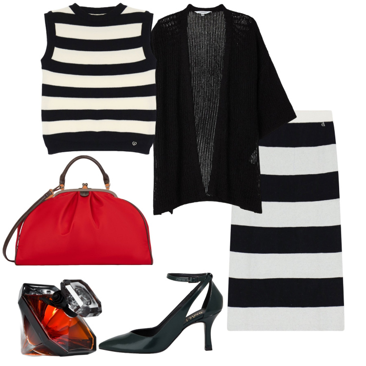 Outfit donna - Parisienne painter. Stile Chic per Serata fuori. Abbinamento con profumi, kimono, maglieria, gonne longuette, décolleté, borse a spalla.