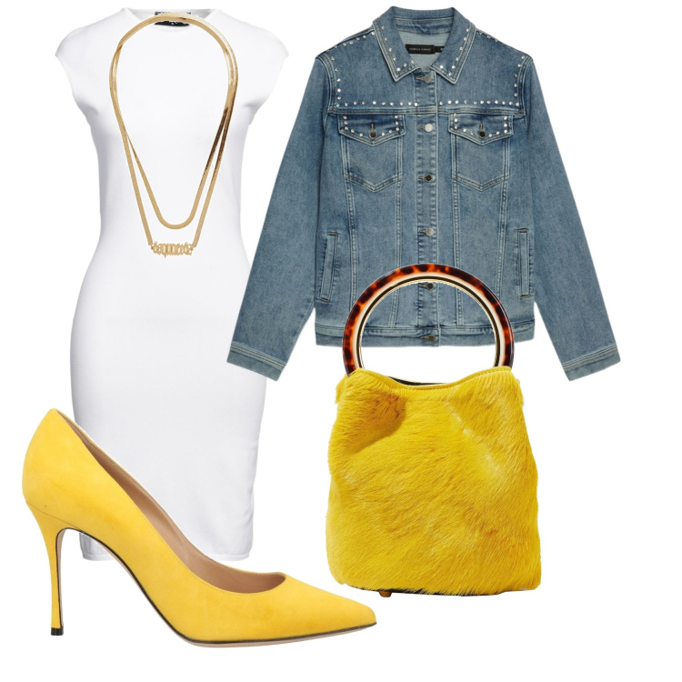 Outfit donna - Ci piace il giallo. Stile Casual chic per Serata fuori. look ideale per Petite. Abbinamento con collane, borse a mano, vestiti corti, décolleté, blazer.