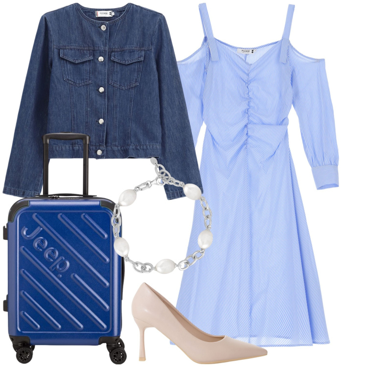 Outfit donna - Viaggio chic verso la Francia. Stile Trendy per Tutti i giorni. Abbinamento con braccialetti, vestiti, blazer, décolleté, valigie.