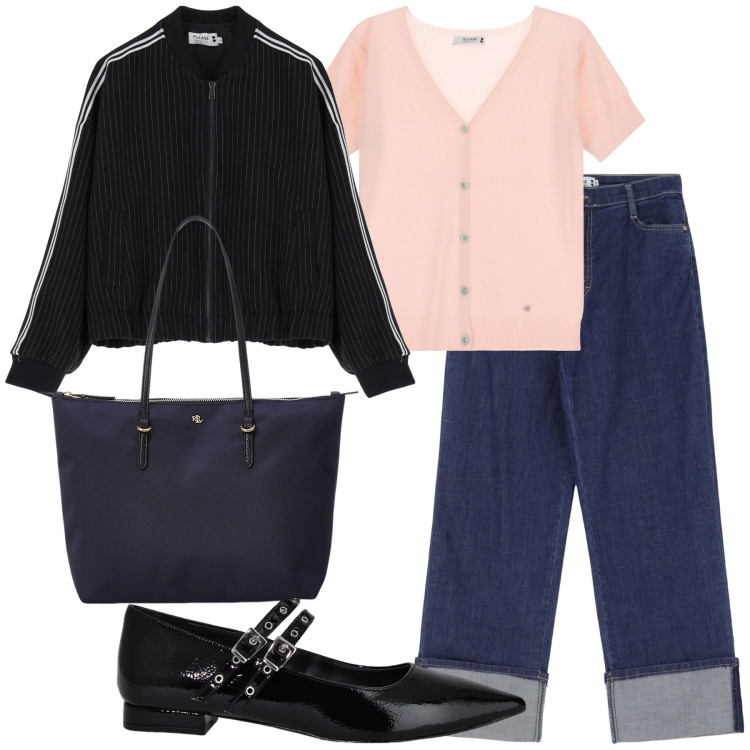 Outfit donna - Total look. Stile Sporty chic per Tutti i giorni. Abbinamento con cardigans, bomber, jeans, ballerine, borse tote.