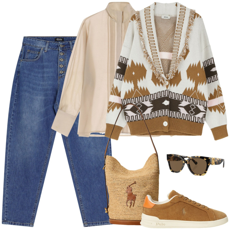 Outfit donna - In giro per la città. Stile Etnico per Tutti i giorni. Abbinamento con jeans, cardigans, camicie, occhiali da sole, sneakers, borse a mano.