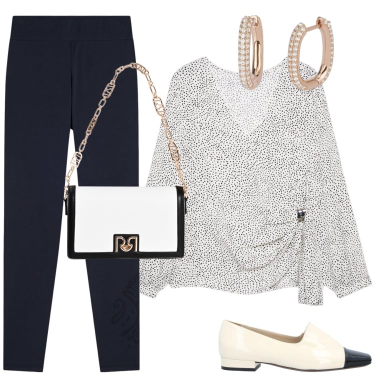 Outfit donna - Leggins, Blusa, Scarpe Basse e via!. Abbinamento con mocassini, orecchini, borse a tracolla, leggings, bluse.