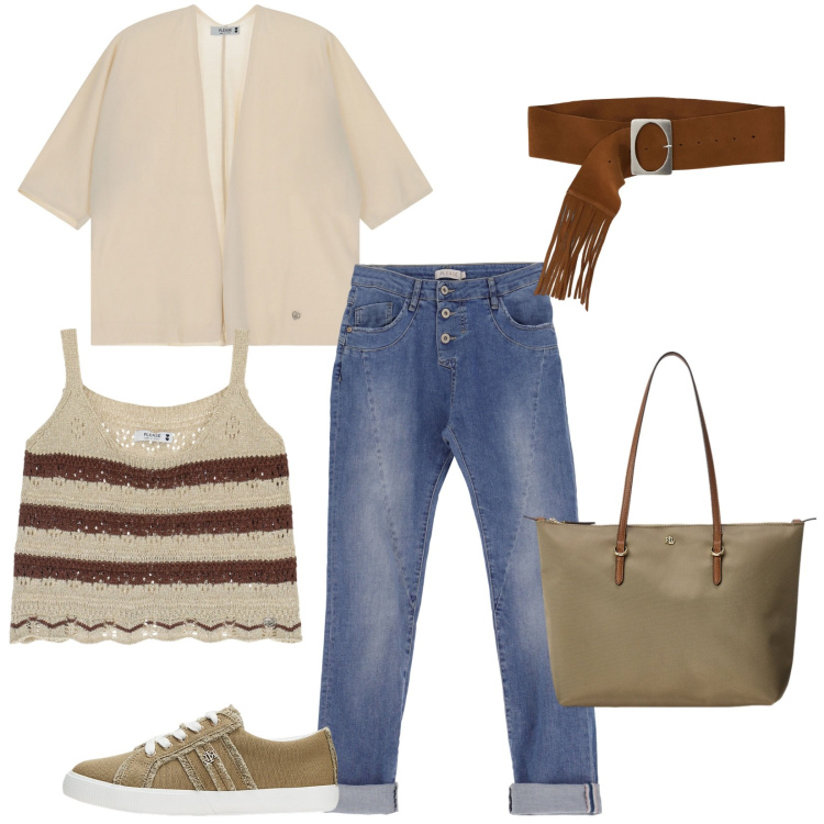 Outfit donna - Ispirazione Saint Tropez. Stile Casual per Tutti i giorni. Abbinamento con jeans slim fit, top, cardigans, cinture, borse tote, sneakers.