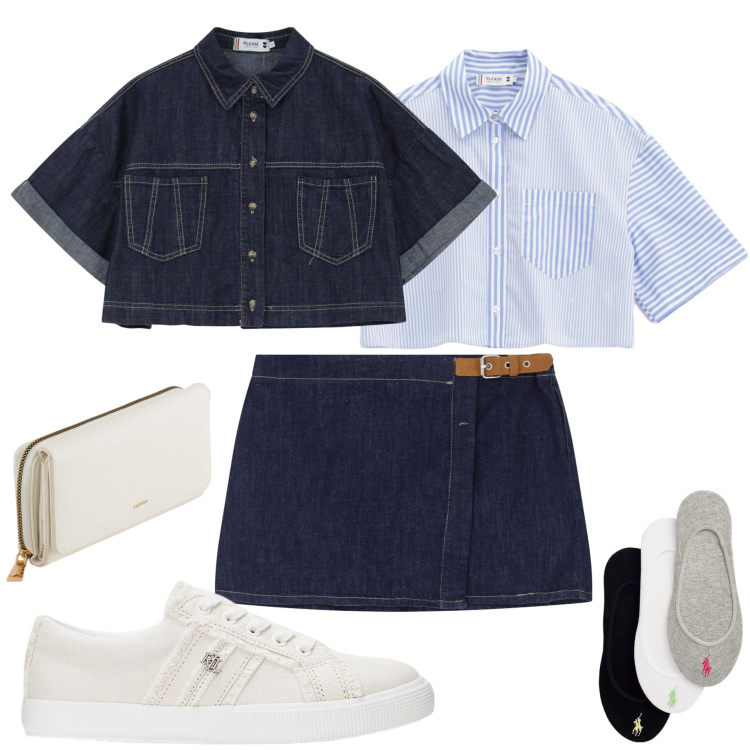 Outfit donna - New collection plese. Stile Casual chic per Tutti i giorni. Abbinamento con minigonne, camicie, blazer, calzini, sneakers, portafogli.