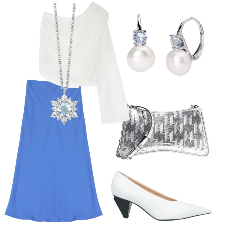 Outfit donna - Total look #2083936. Stile Chic per Cerimonia. Abbinamento con décolleté, borse a tracolla, collane, orecchini, gonne longuette, bluse.