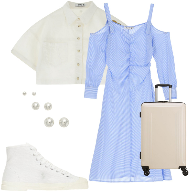 Outfit donna - New collection Please. Stile Casual chic per Tutti i giorni. Abbinamento con vestiti, blazer, orecchini, sneakers alte, valigie.