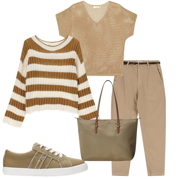 Outfit donna - New collection Please. Stile Casual chic per Ufficio. Abbinamento con maglieria, pantaloni chino, maglieria, borse tote, sneakers.