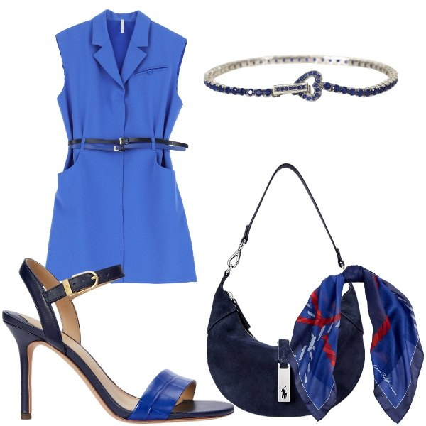 Outfit donna - Look Imperial. Stile Trendy per Ufficio. Abbinamento con braccialetti, vestiti corti, borse a spalla, foulard, sandali in pelle.