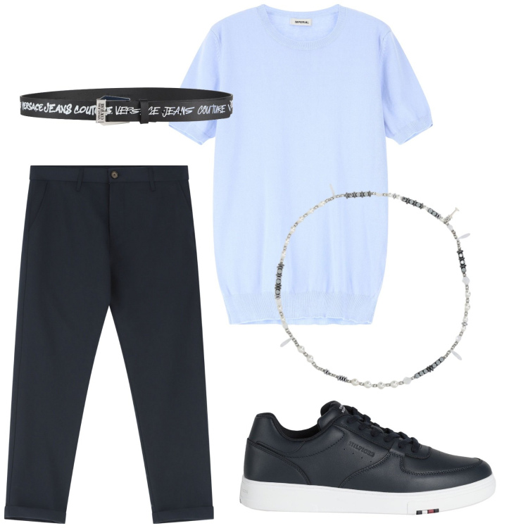 Outfit uomo - Total look #2083945. Stile Trendy per Tutti i giorni. Abbinamento con cinture, sneakers, pantaloni chino, collane, maglieria.