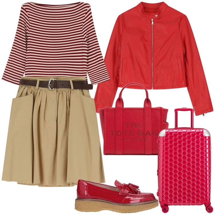 Outfit donna - Fine settimana in viaggio. Stile Casual chic per Tutti i giorni. Abbinamento con mocassini, giacche, t-shirt, minigonne, shopping bag, valigie.