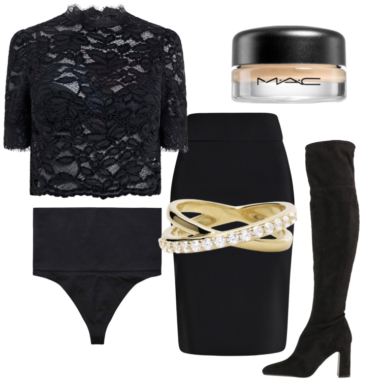 Outfit donna - Pizzo elegante. Stile Vintage retrò per Serata fuori. Abbinamento con stivali sopra il ginocchio, ombretti, perizomi, anelli, gonne, bluse.