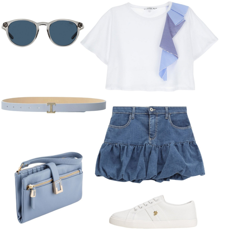 Outfit donna - Ispirazione Saint Tropez. Stile Casual per Tutti i giorni. Abbinamento con minigonne, t-shirt, cinture, occhiali da sole, scarpe sportive, portafogli.