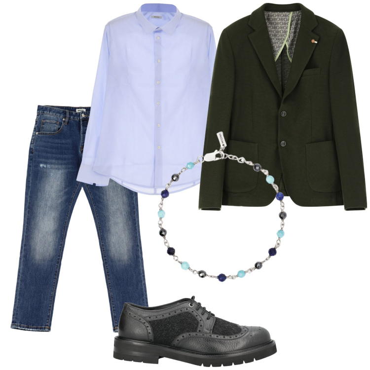 Outfit uomo - Total look #2083953. Stile Trendy per Serata speciale. Abbinamento con scarpe stringate, braccialetti, camicie, giacche, jeans dritti.