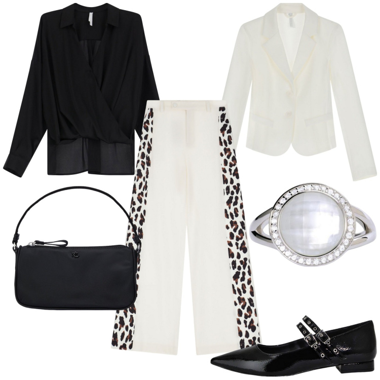 Outfit donna - New Imperial Spring \'25. Stile Chic per Ufficio. Abbinamento con anelli, pantaloni a palazzo, bluse, blazer, ballerine, pochette.