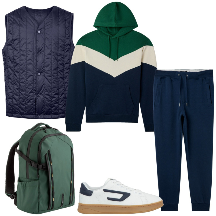 Outfit uomo - A scuola di sabato. Stile Casual per Tutti i giorni. Abbinamento con sneakers, felpe con cappuccio, pantaloni, piumini, borse sportive.