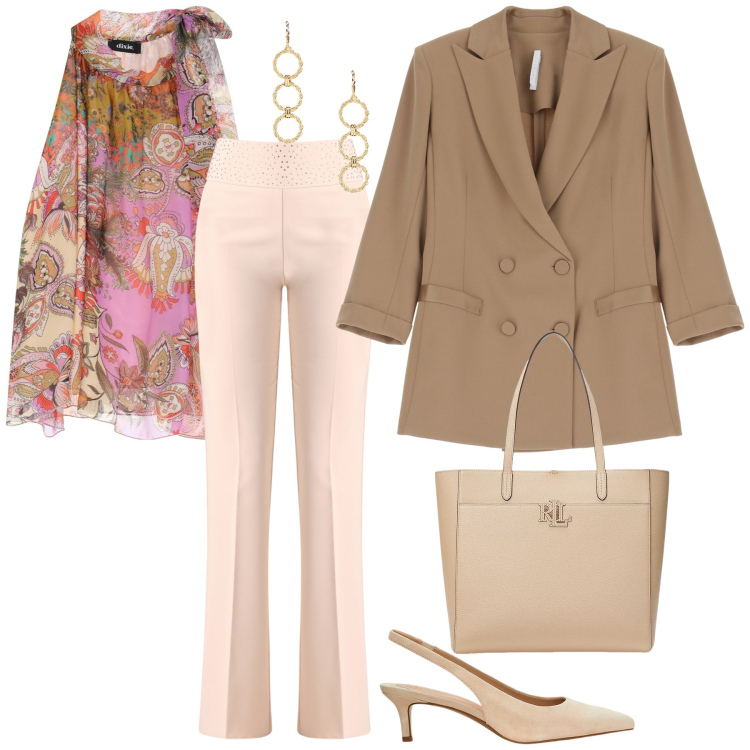 Outfit donna - Un top con i toni del rosa. Stile Casual chic per Serata fuori. Abbinamento con pantaloni, blazer, top, décolleté, orecchini, borse tote.
