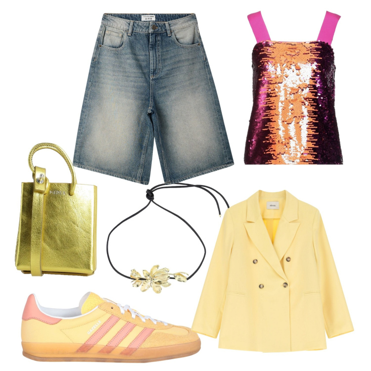 Outfit donna - Spring break. Stile Boho per Tutti i giorni. Abbinamento con top, borse a spalla, sneakers, bermuda, collane, blazer.