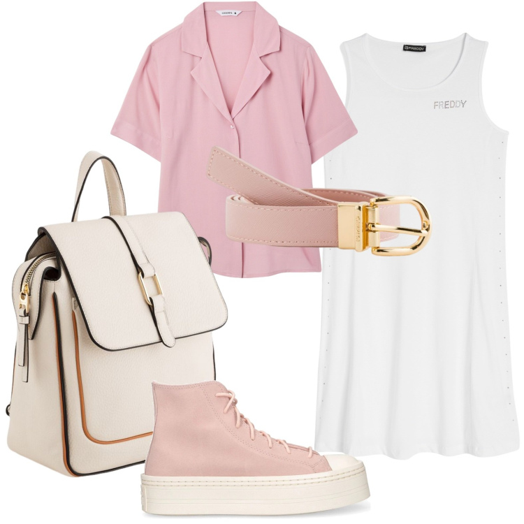 Outfit donna - Dettagli rosa. Stile Casual per Scuola/Università. Abbinamento con camicie a manica corta, vestiti senza maniche, sneakers, zaini, cinture.