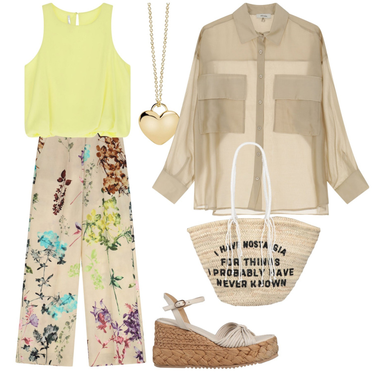 Outfit donna - Incontriamoci al bar. Stile Boho per Tutti i giorni. Abbinamento con espadrillas, borse a spalla, collane, top, pantaloni a palazzo, camicie.