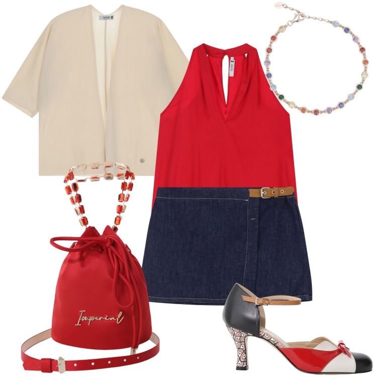 Outfit donna - Please ispirazione Saint Tropez. Stile Preppy per Tutti i giorni. Abbinamento con braccialetti, minigonne, cardigans, top, borse a secchiello, décolleté.