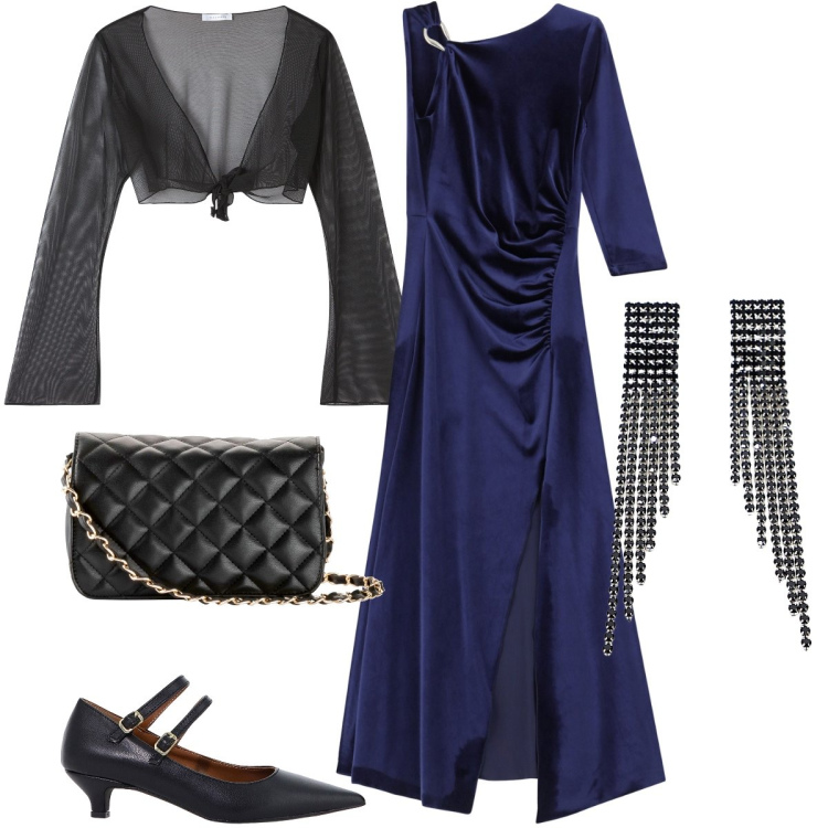 Outfit donna - Abito blu elegante. Stile Glamour per Serata fuori. Abbinamento con borse a tracolla, bolero, décolleté, vestiti asimmetrici, orecchini.