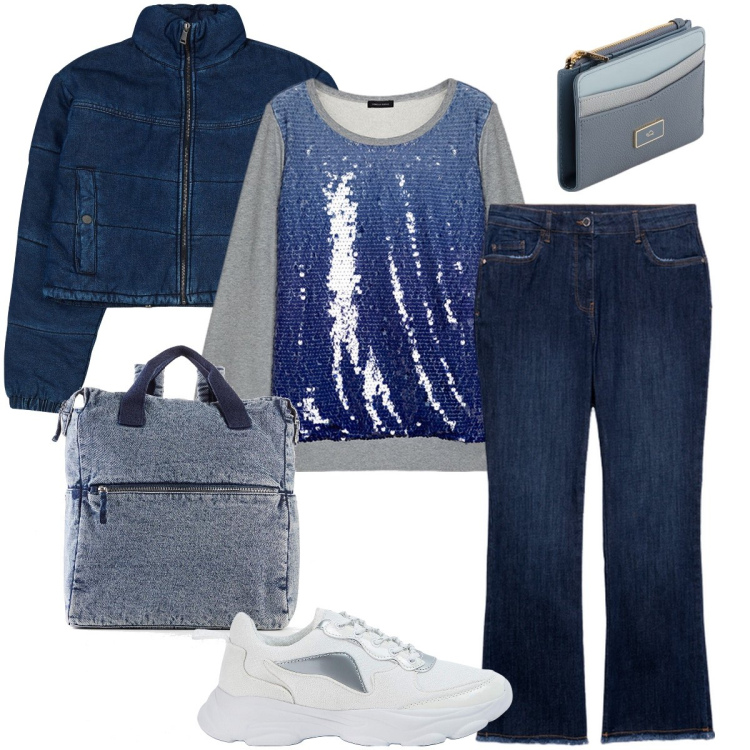 Outfit donna - Lurex a scuola. Stile Casual chic per Scuola/Università. Abbinamento con zaini, blazer, sneakers, jeans a zampa, felpe, portafogli.